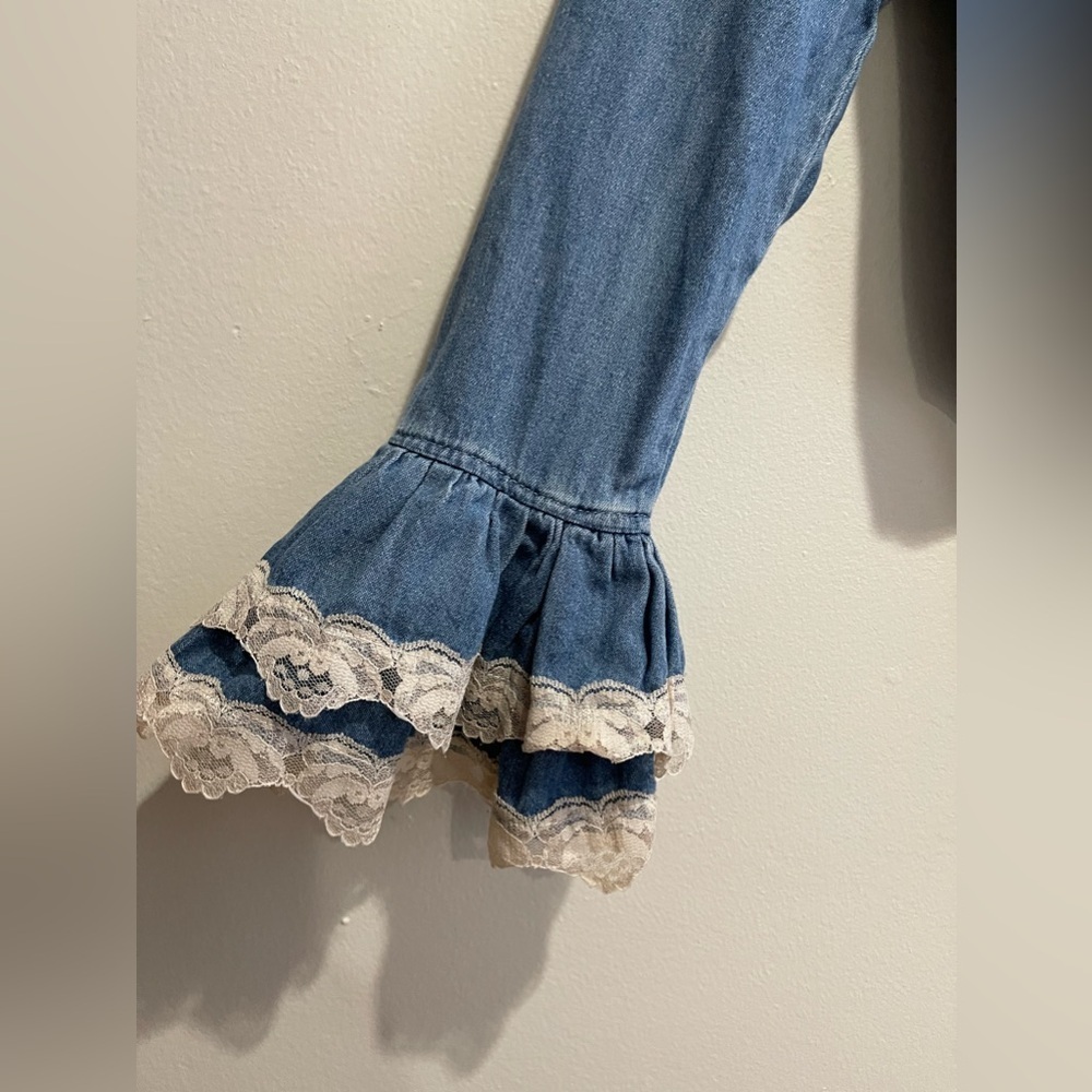 Vintage Long Sleeve Denim Button downTie Front Crop with Ruffle white Mesh Trim - Picture 5 of 6